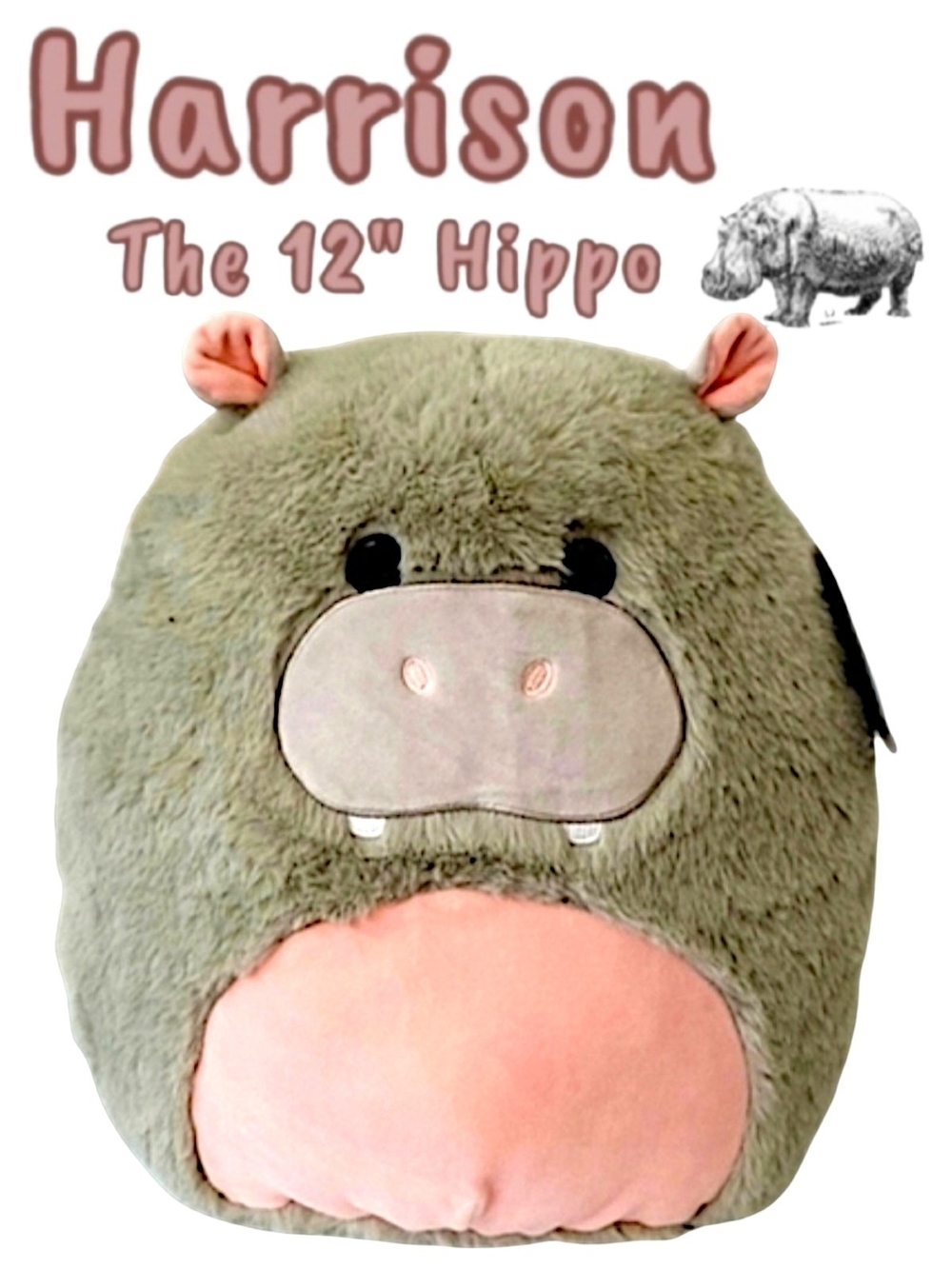 Squishmallows Fuzzamallow Harrison The Hippo Gray Pink 12 Inch
